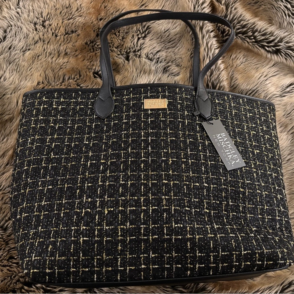 Badgley Mischa NY Tweed Black and Gold Women's Tote Bag